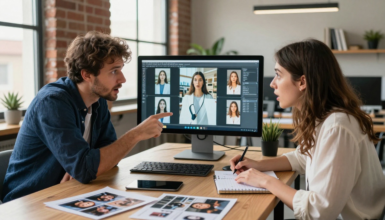 Two professionals reviewing AI-generated images on a monitor together