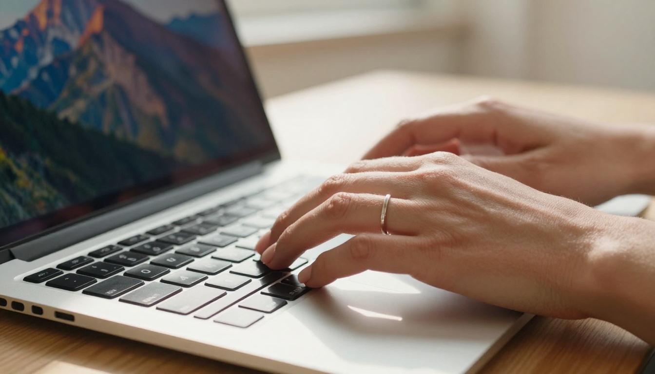 Close-up of hands typing on a laptop as an AI image appears on screen