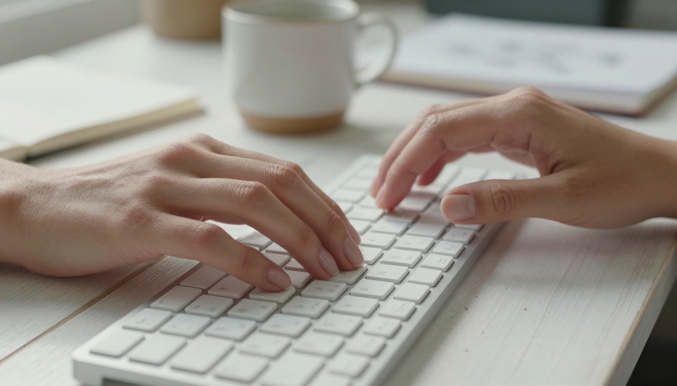 Close-up of elegant hands mid-keystroke on a white keyboard beside an open sketchbook