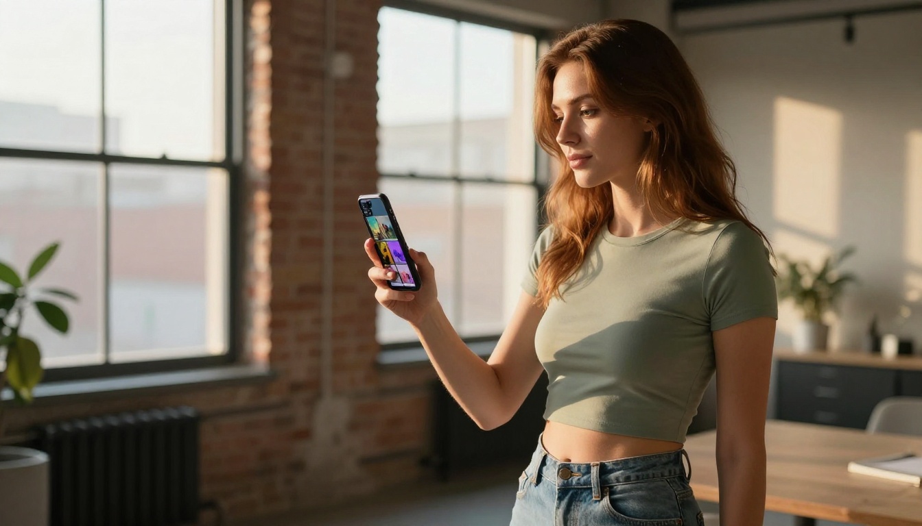 Woman browsing AI-generated video results on her phone in a modern loft