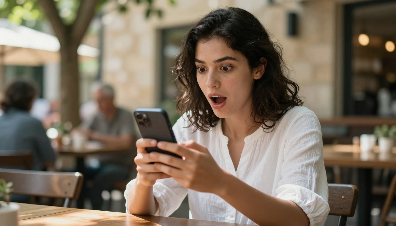 Young woman looking amazed at her smartphone screen at an outdoor café