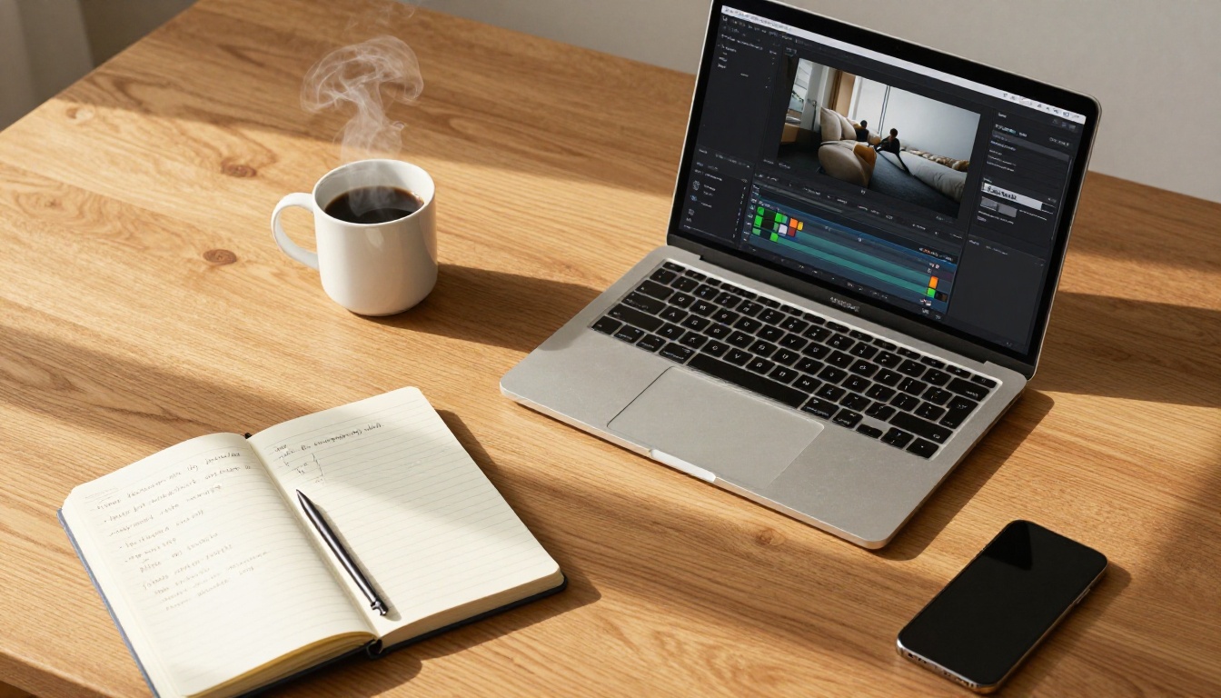 Aerial flat-lay of a creative desk workspace with video editing tools