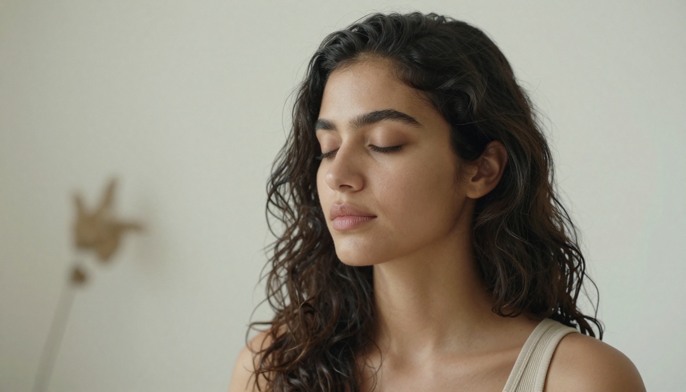 Photorealistic portrait of a woman with olive skin and dark wavy hair in soft window light