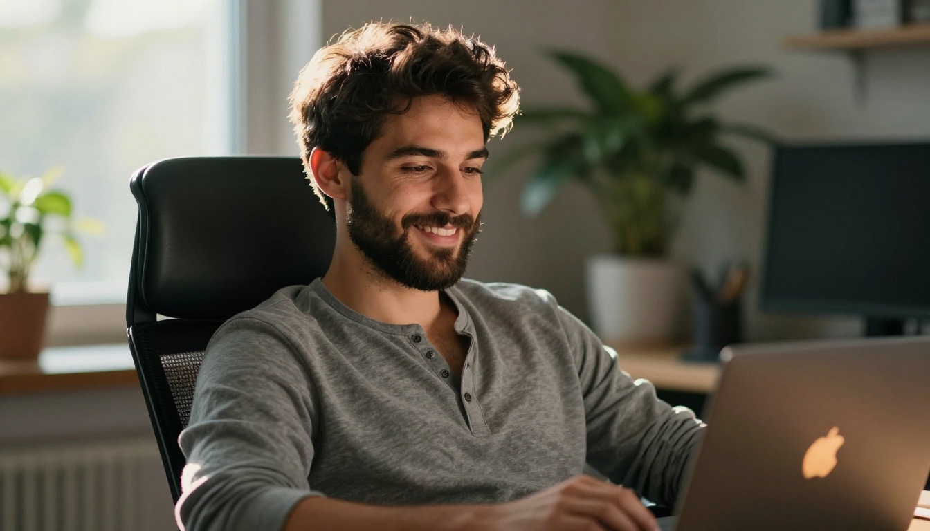 Satisfied creator reviewing AI video results on laptop at desk