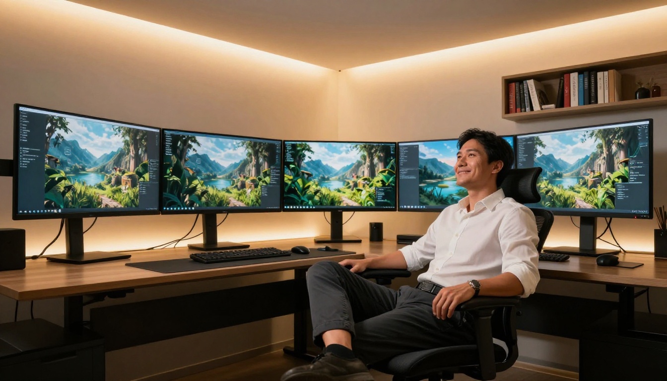 Content creator at a multi-monitor workstation displaying AI-generated images
