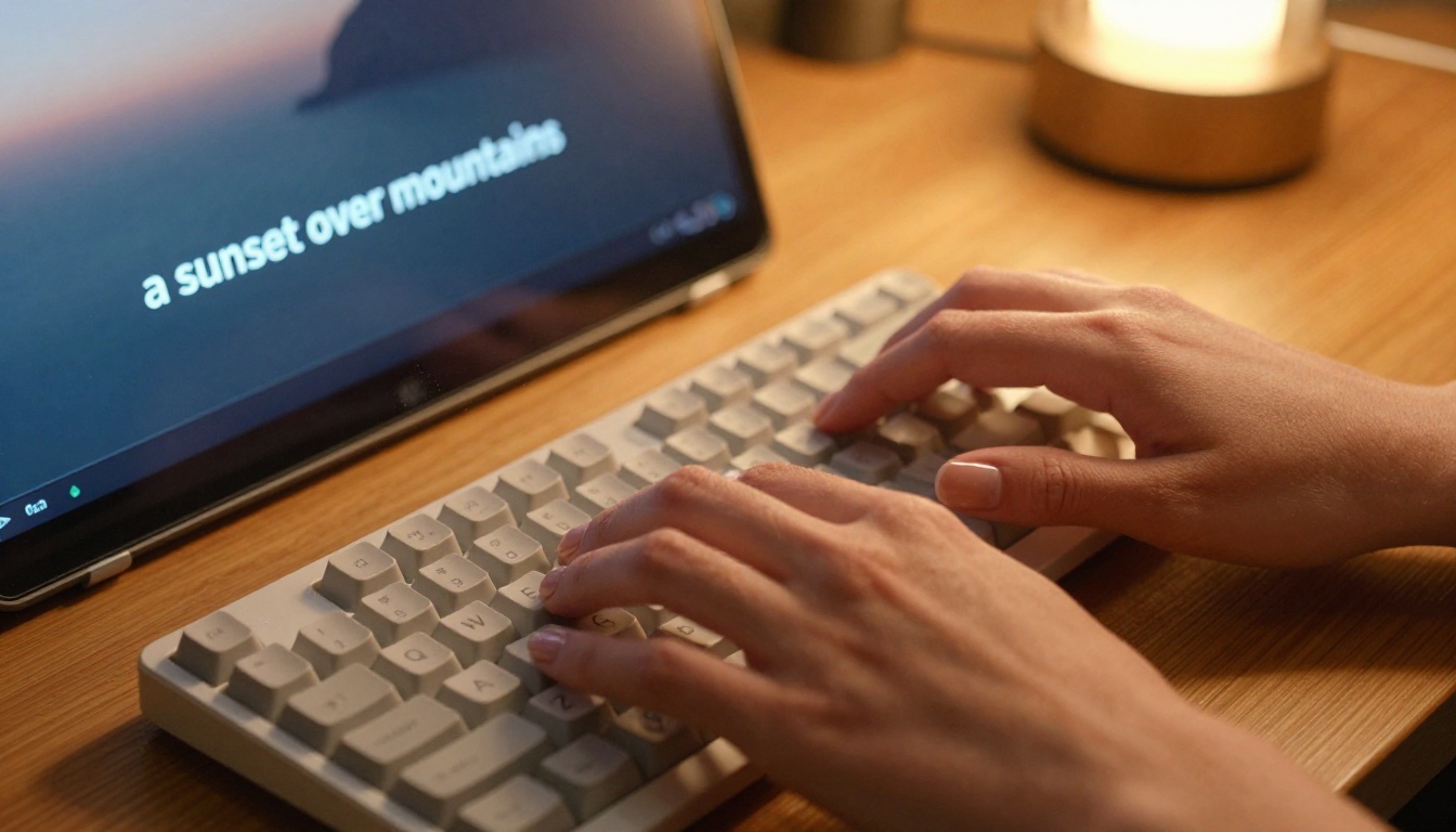Content creator typing prompt into AI video interface at workstation