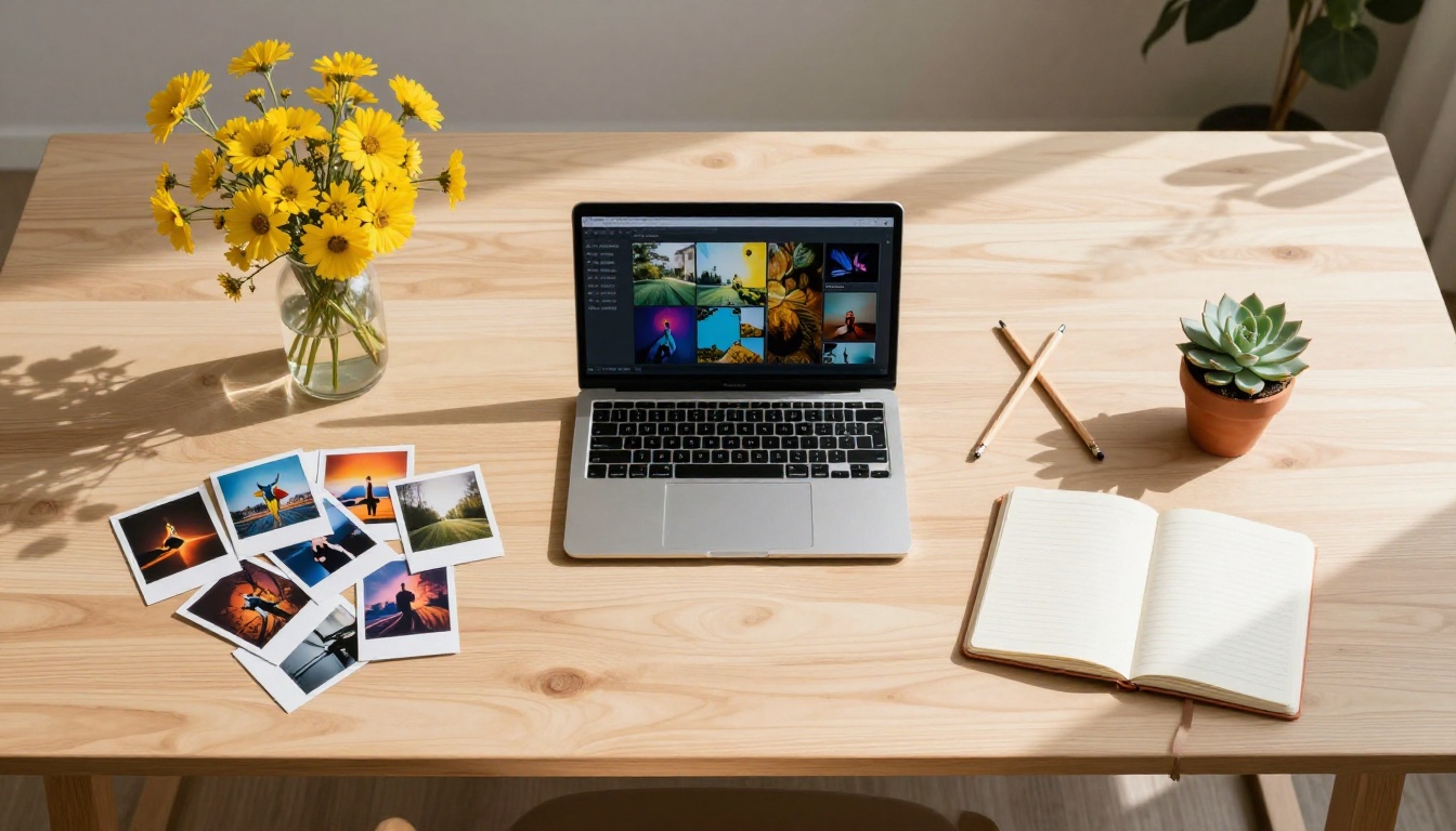 Aerial bird's-eye view of a minimalist creative workspace with laptop, Polaroid prints, and yellow wildflowers