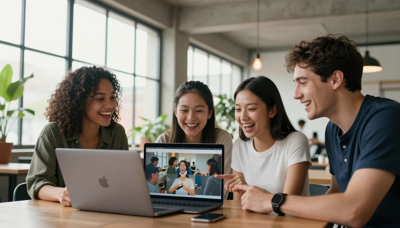 Three diverse content creators excited reviewing AI video results together