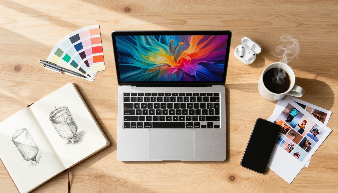 Flat-lay overhead view of a creative workspace with laptop showing AI-generated art
