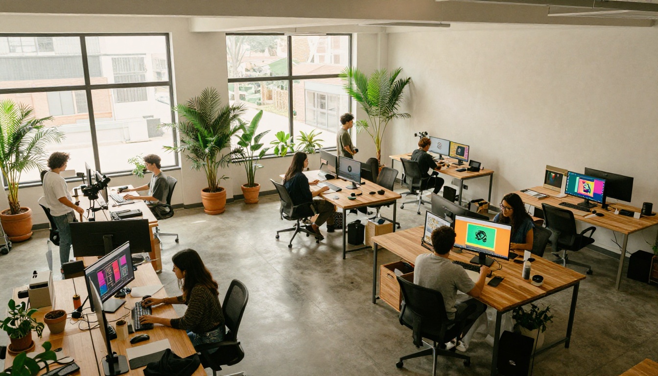 Wide overhead view of a creative studio with professionals on monitors