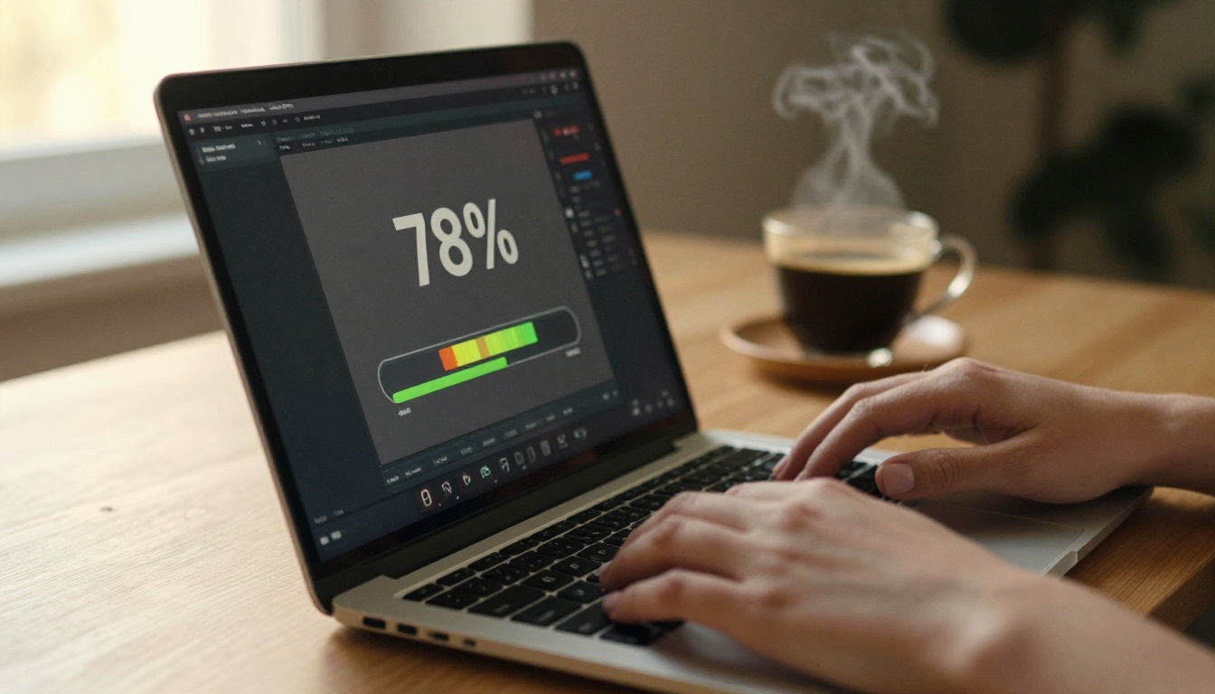 Laptop screen showing AI video generation progress at 78% complete