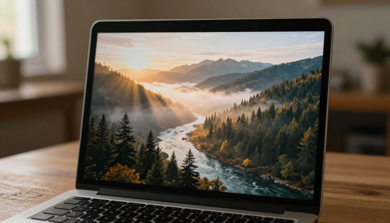 Laptop screen showing a photorealistic AI-generated mountain landscape Laptop screen showing a photorealistic AI-generated mountain landscape