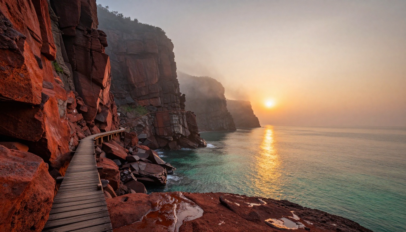 Dramatic coastal cliff landscape at sunrise with turquoise water and morning mist