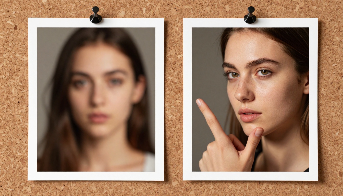 Two photos pinned on cork board comparing image quality