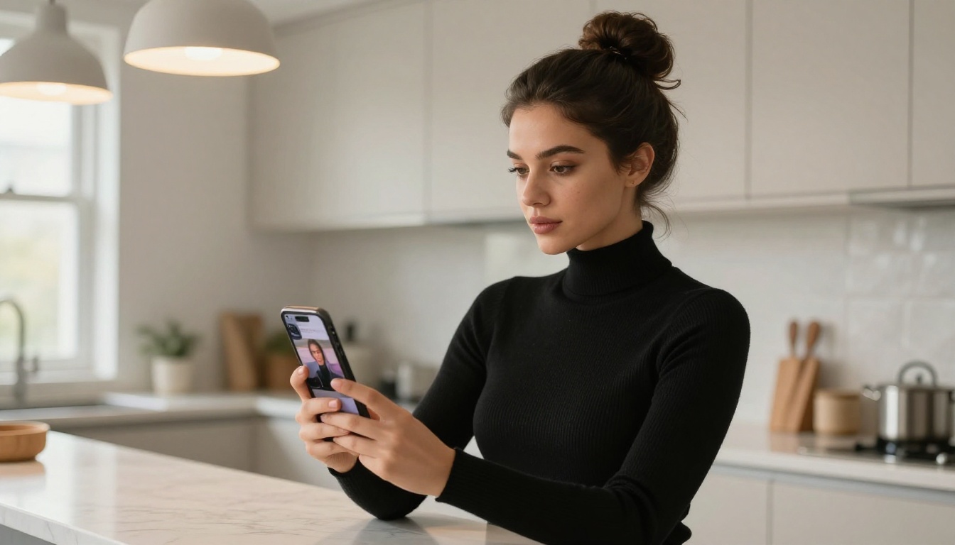 Woman in modern kitchen sharing AI-generated video on social media