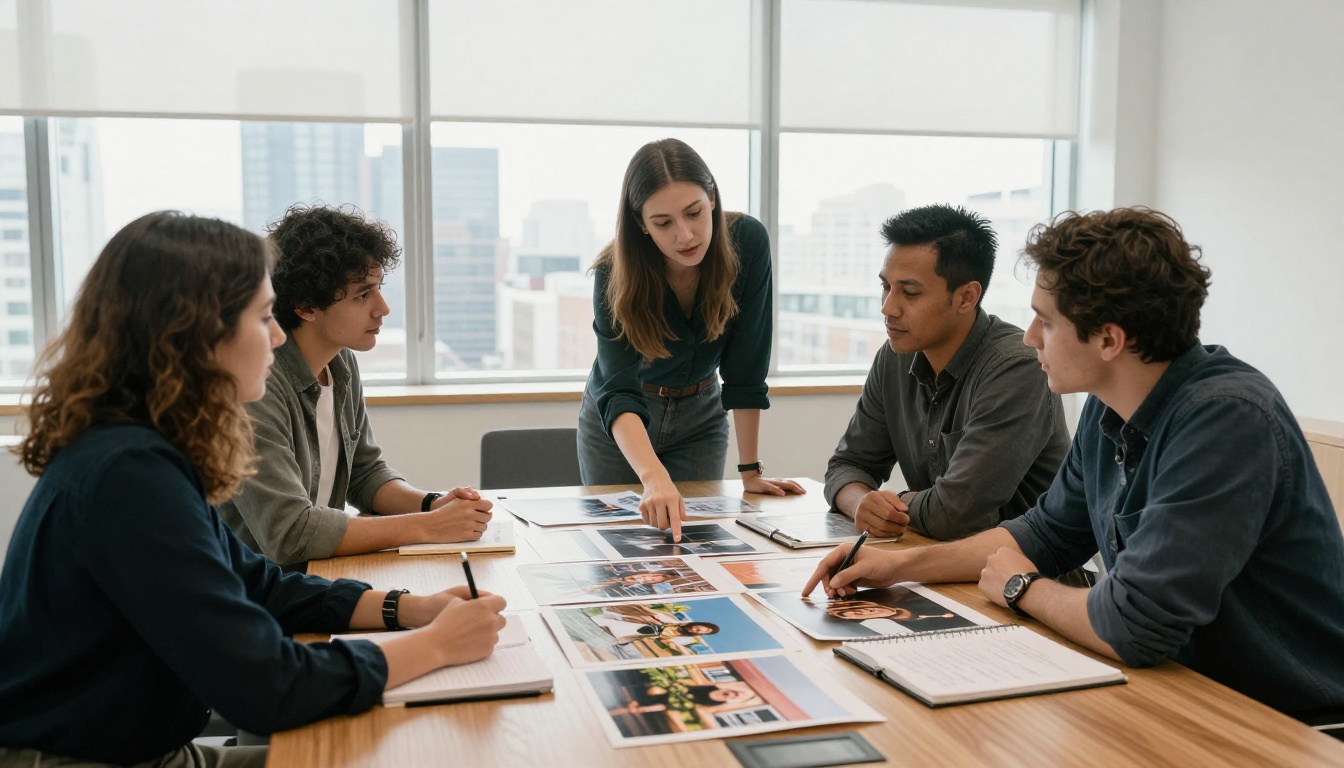 Diverse team of designers collaborating over printed AI-generated images Diverse team of designers collaborating over printed AI-generated images