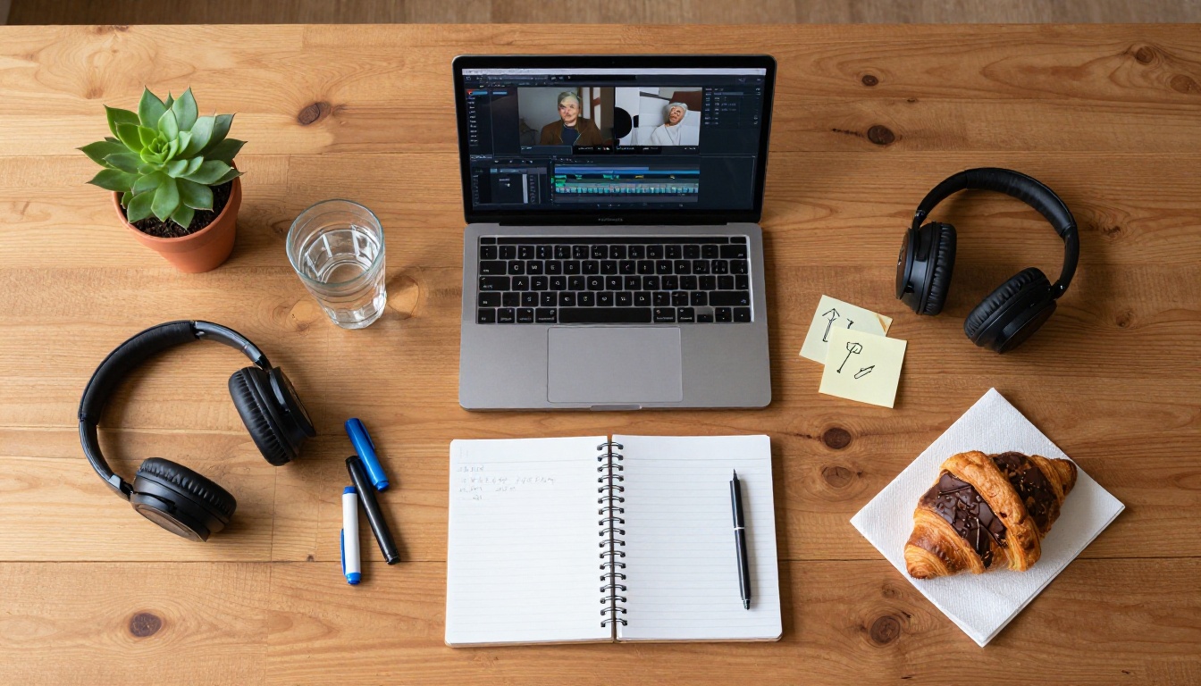Overhead aerial flat-lay view of creative workspace with laptop and design tools