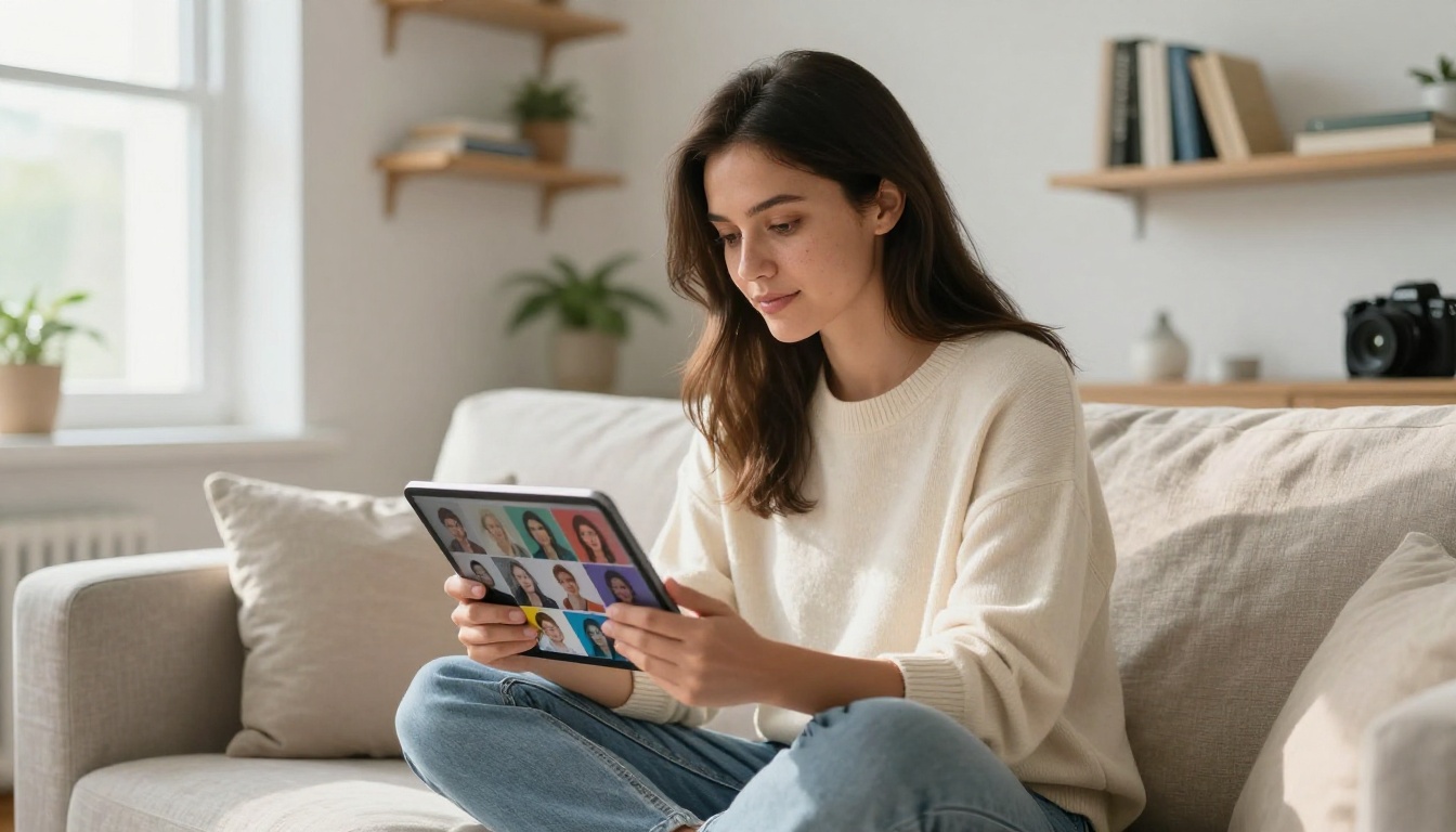 Woman sitting on a sofa reviewing AI-generated portrait grid on a tablet