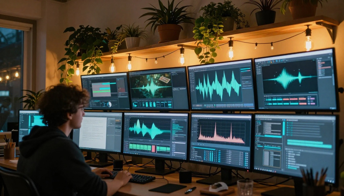 Multi-monitor creative studio workspace glowing with AI video interfaces