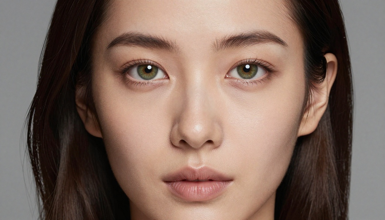 Close-up beauty portrait of a woman with porcelain skin and green eyes in studio butterfly lighting