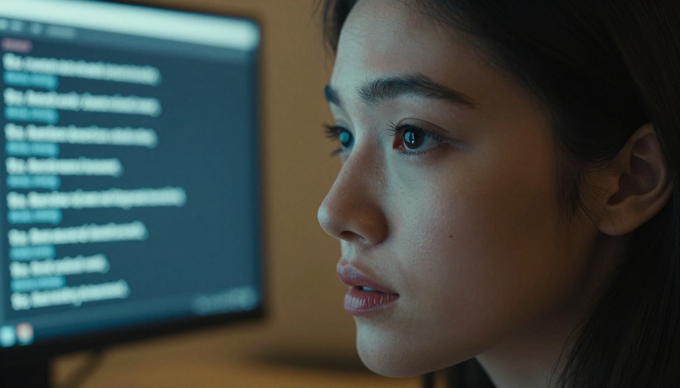 Woman looking at a glowing AI prompt input field on monitor