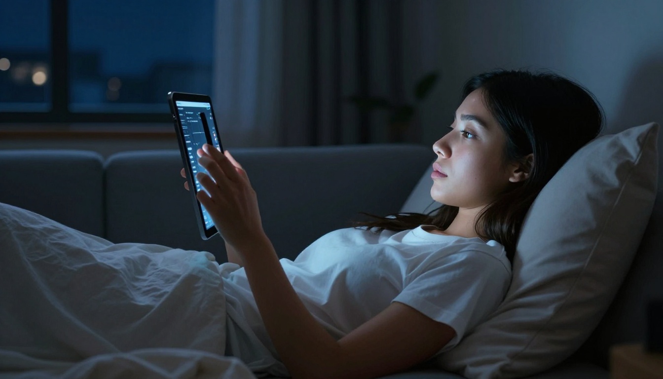 Young woman lying on couch reviewing AI video content on glowing tablet at night