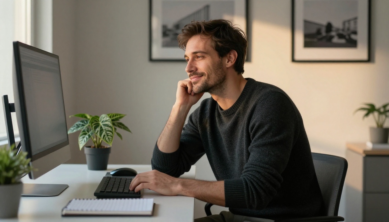 Professional man at home office desk looking satisfied at his computer Professional man at home office desk looking satisfied at his computer