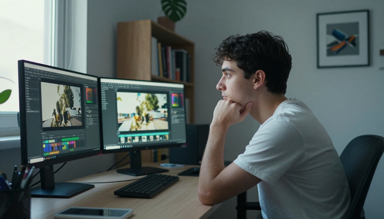 Man in his mid-twenties at a home office standing desk with dual monitors showing AI image interfaces