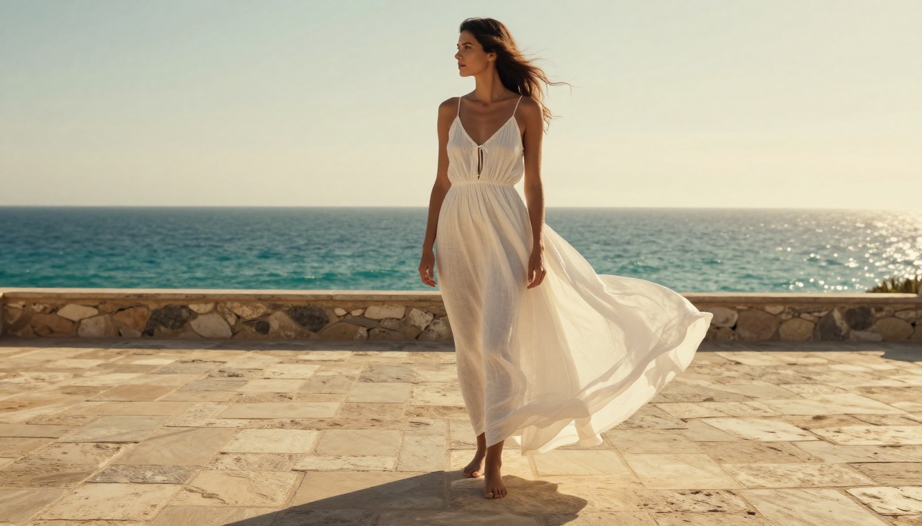 Elegant woman in flowing white dress on Mediterranean terrace at golden hour