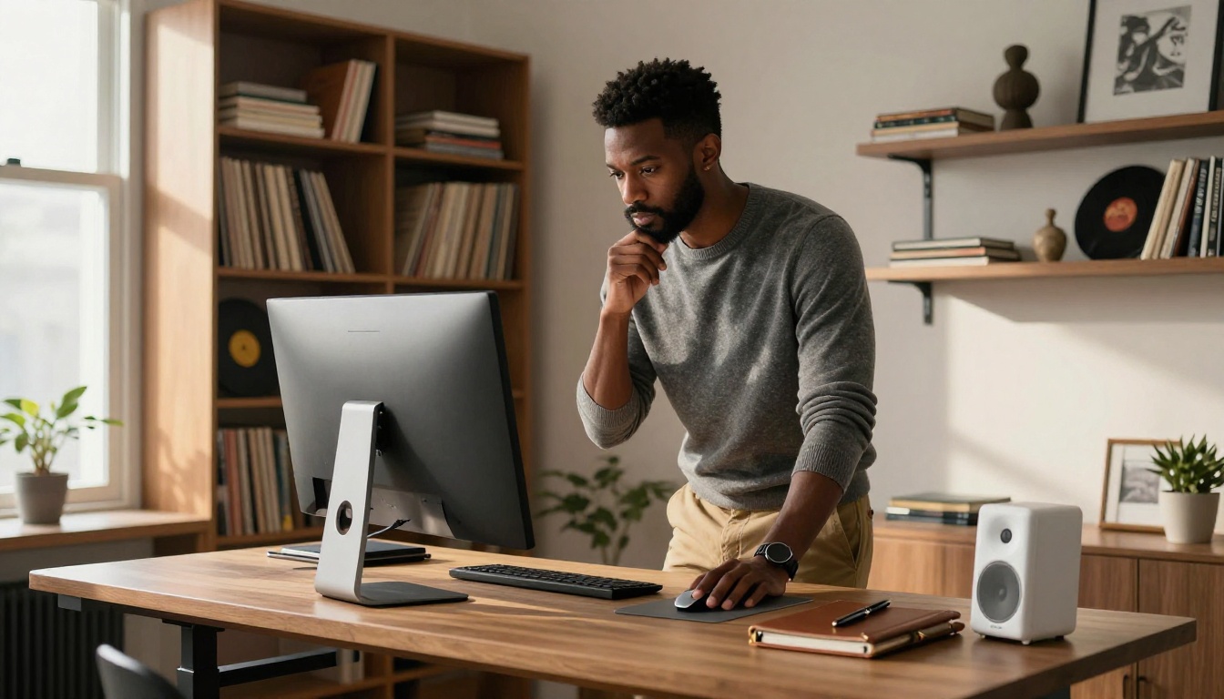 Man at standing desk in home office thoughtfully reviewing content on large monitor