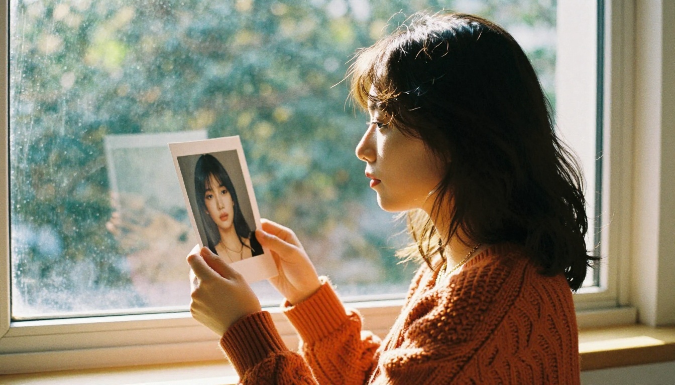 Woman holding a printed AI-generated portrait, looking thoughtfully out a sunny window Woman holding a printed AI-generated portrait, looking thoughtfully out a sunny window