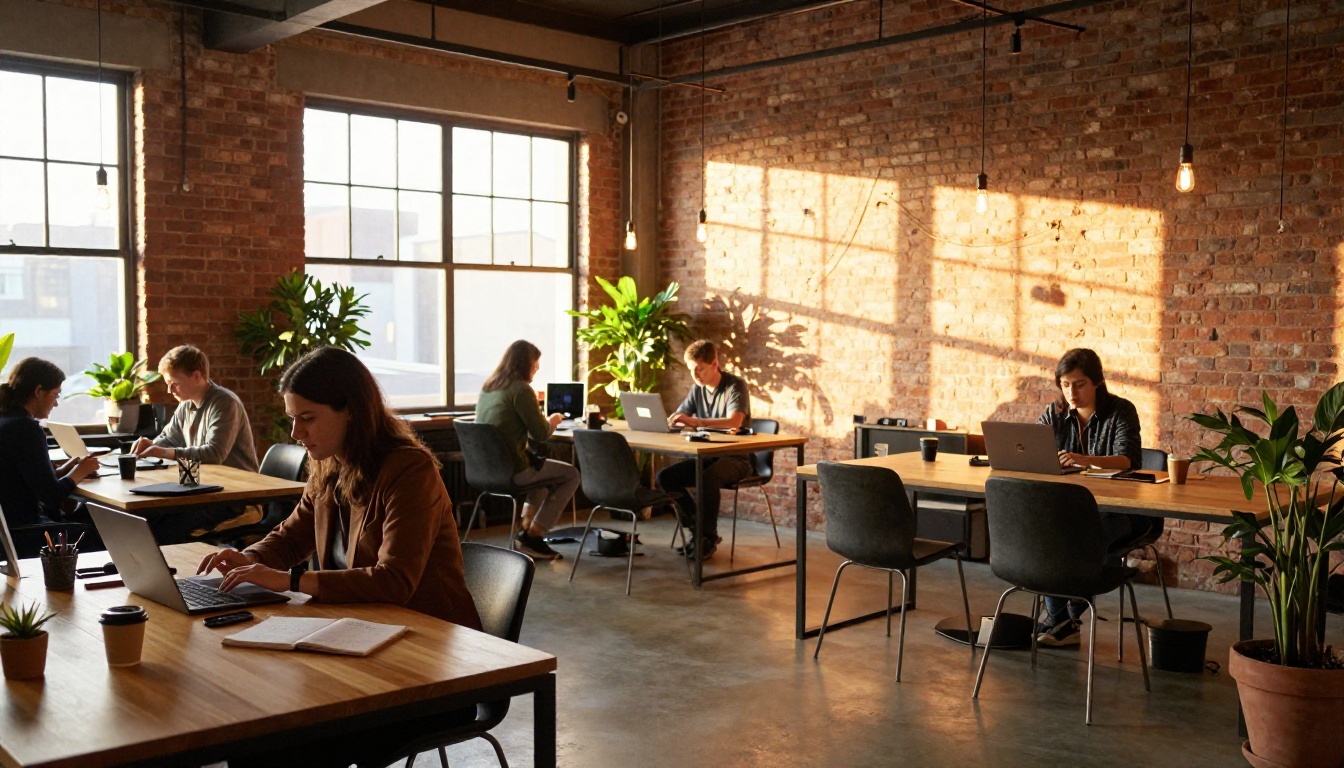 Wide golden-hour shot of a modern coworking space with brick walls, plants, and warm diagonal light
