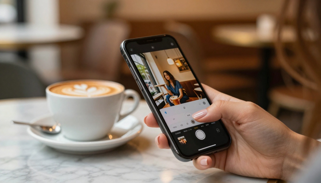 Woman holding smartphone with AI-generated image at a cafe
