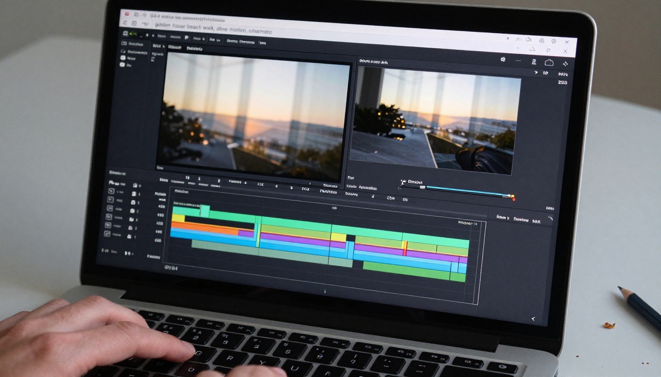 Close-up of laptop screen showing AI video timeline with text prompt interface