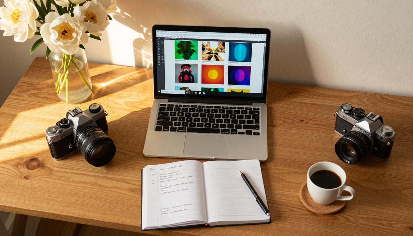 Creative professional desk workspace flat lay with laptop and notebook