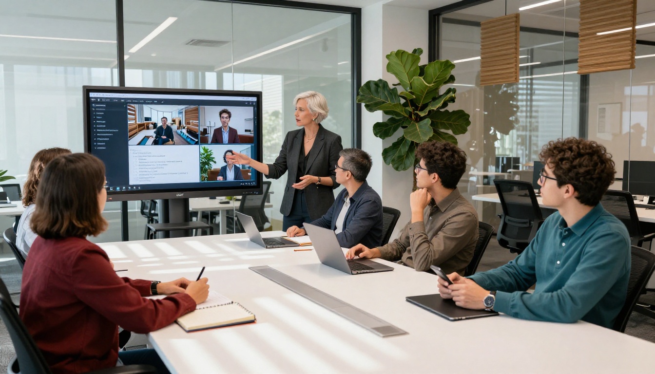 Creative agency team in modern conference room reviewing AI video on large display
