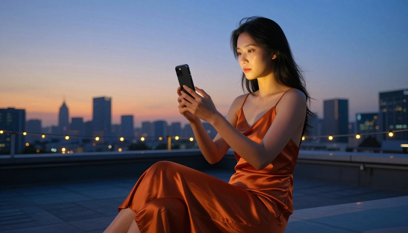 Young woman on city rooftop at dusk reviewing AI-generated video on smartphone