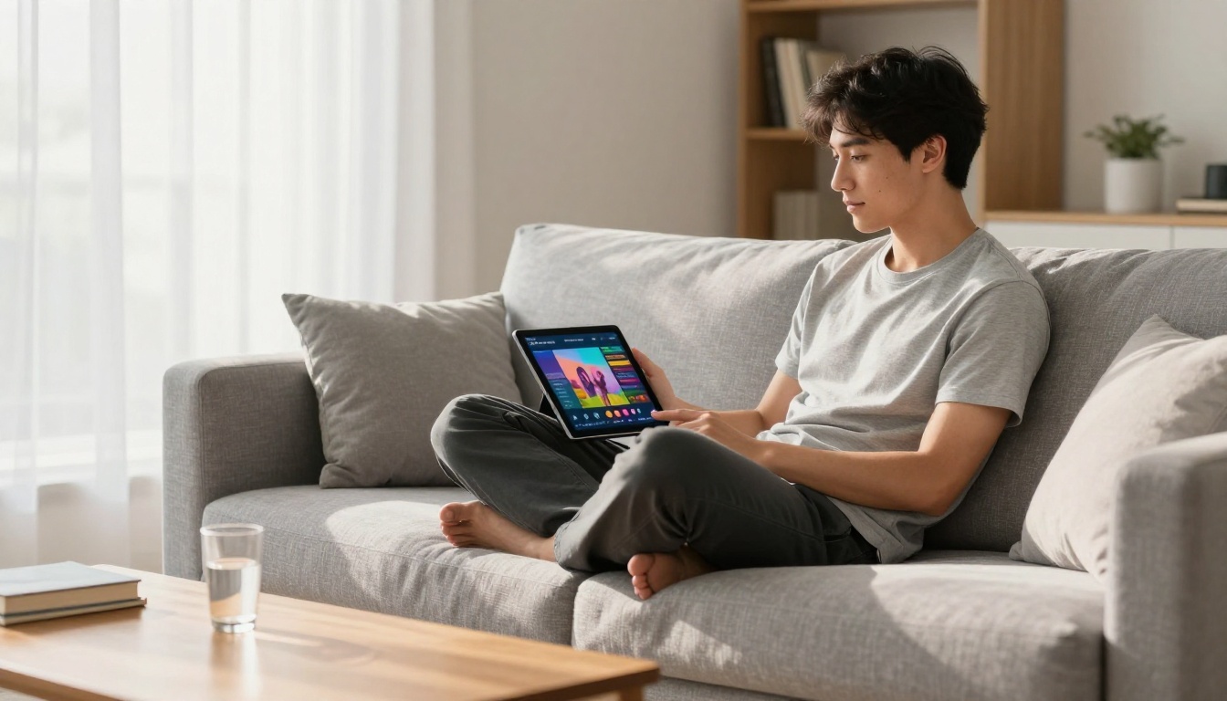 Man sitting cross-legged on a grey sofa watching a video on a tablet, natural afternoon light through curtains