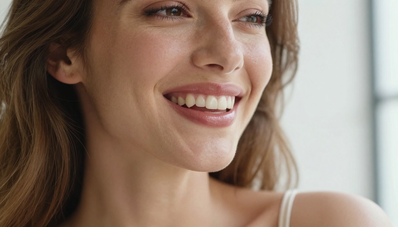 A close-up portrait of a beautiful woman mid-laugh in natural window light