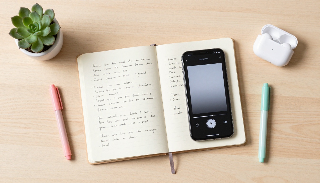 Overhead flat-lay of a creative workspace with a notebook, smartphone showing a loading bar, and earbuds on a birch desk
