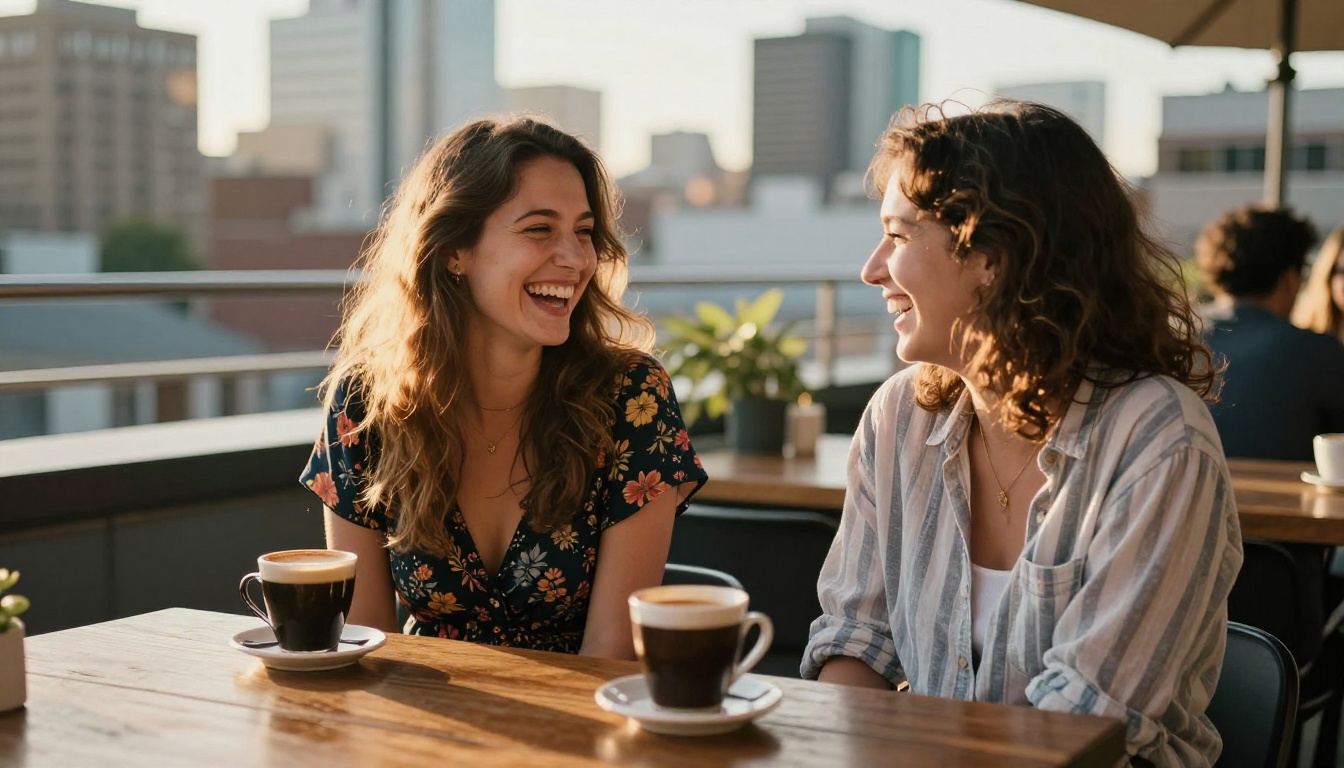 Two friends laughing at a rooftop café during golden hour, candid and authentic
