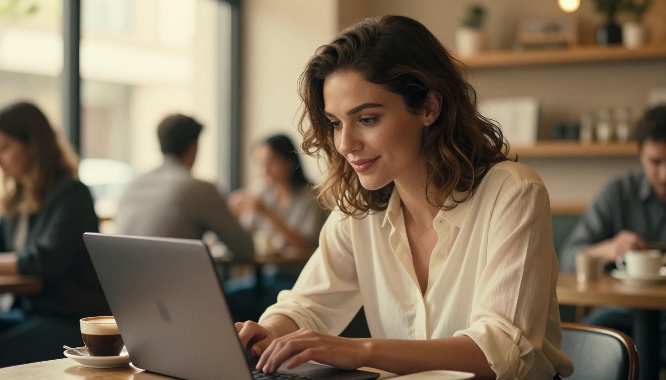 Woman at a café leaning toward her laptop and smiling, warm morning light through a window