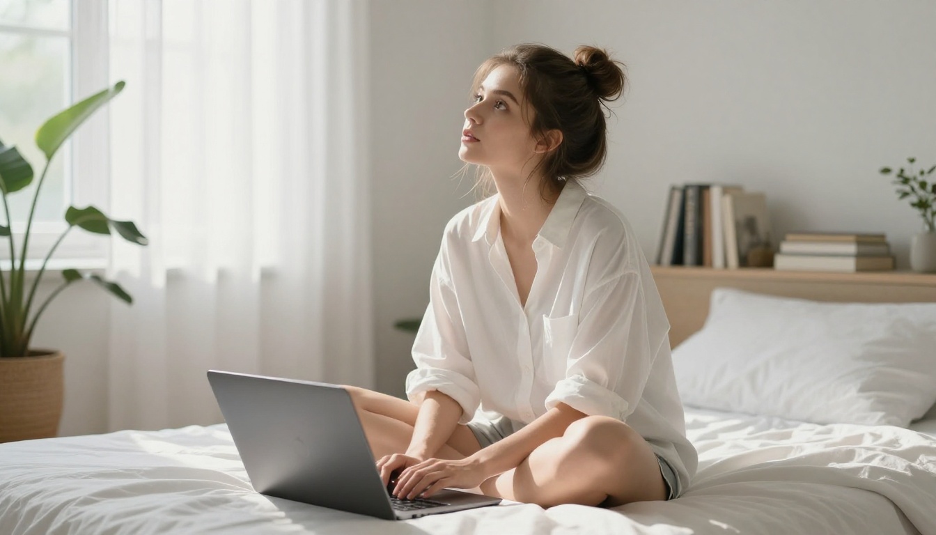 A young creative professional working on a laptop in a bright airy bedroom