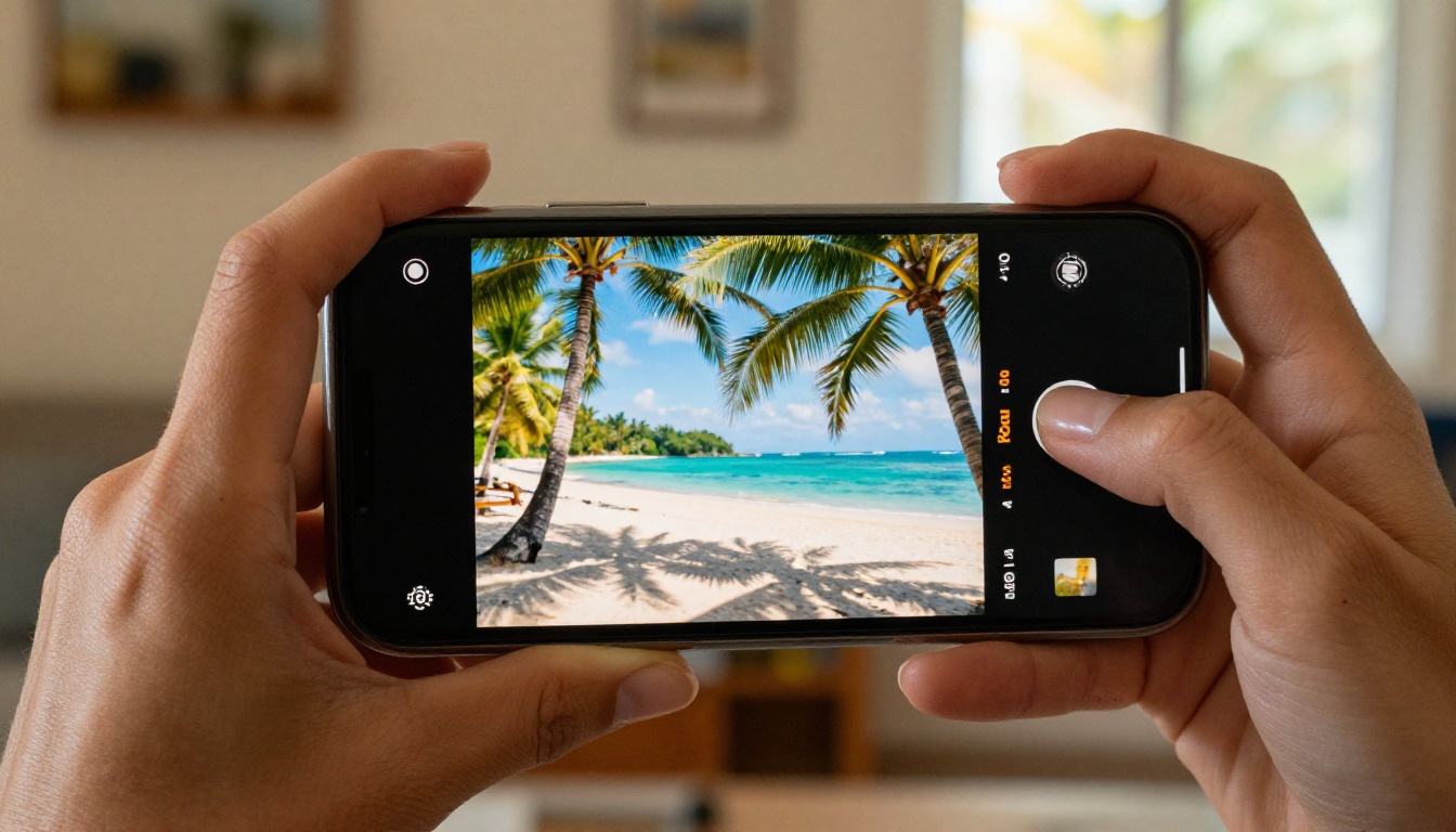 Woman holding a smartphone showing a vivid tropical beach video playing, warm home interior behind