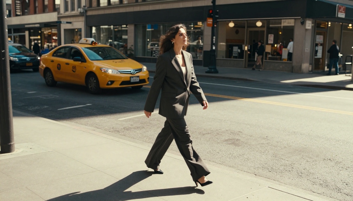 A confident woman in a tailored blazer walking a sunlit city street, low-angle shot