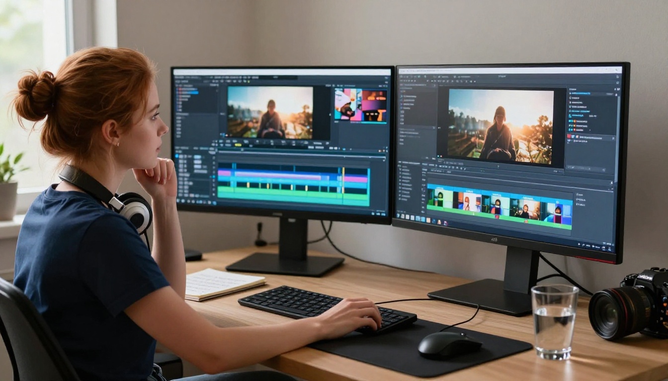 Content creator reviewing video footage on dual monitors in a home studio Content creator reviewing video footage on dual monitors in a home studio