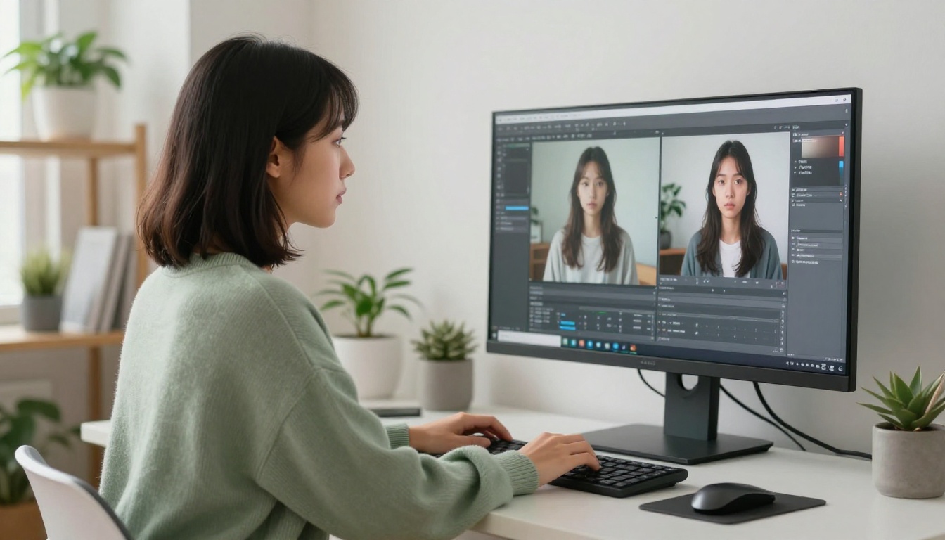 Woman with dark hair focused at a standing desk, split-screen monitor comparing two AI video frames Woman with dark hair focused at a standing desk, split-screen monitor comparing two AI video frames