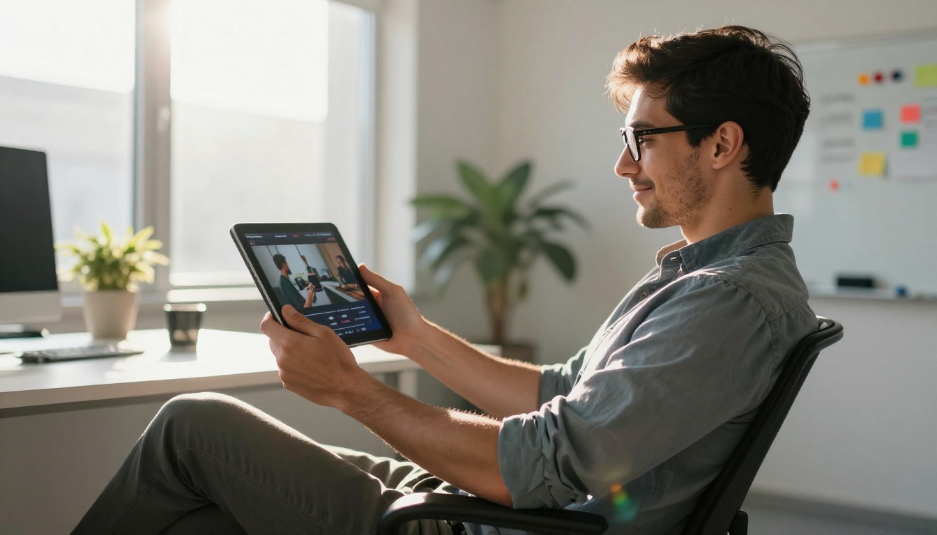 Young professional reviewing video content on a tablet in a sunlit modern office Young professional reviewing video content on a tablet in a sunlit modern office
