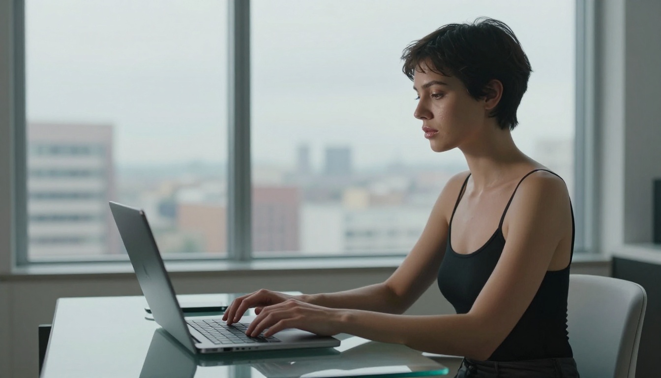 A woman in a bodysuit at a minimal glass desk by a large window, editorial side profile A woman in a bodysuit at a minimal glass desk by a large window, editorial side profile