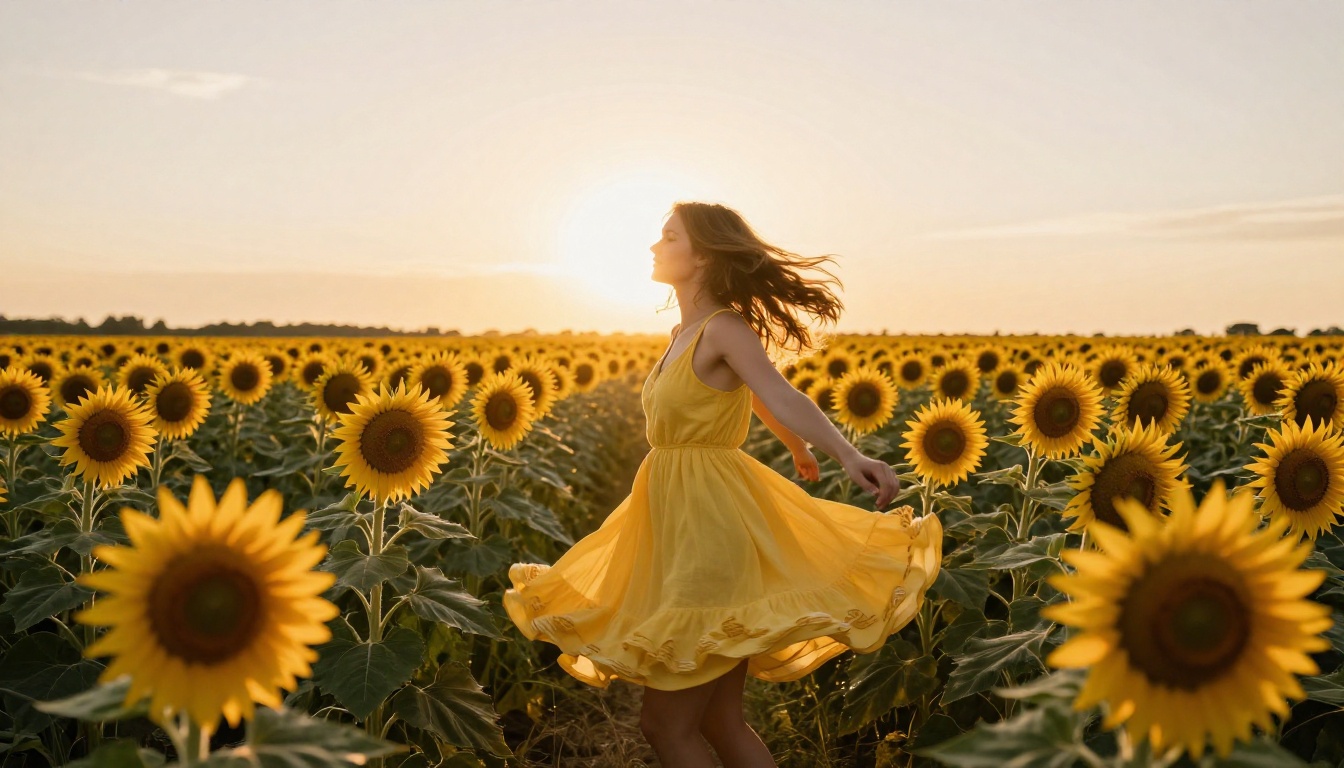 A woman in a yellow dress spinning in a sunflower field, golden backlight and natural motion A woman in a yellow dress spinning in a sunflower field, golden backlight and natural motion